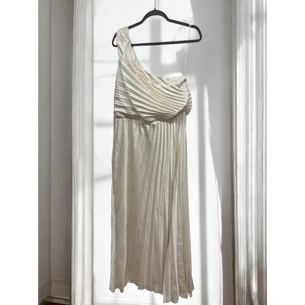 ABERCROMBIE & FITCH NWT Giselle One Shoulder Pleated Midi Dress Ivory Satin XL